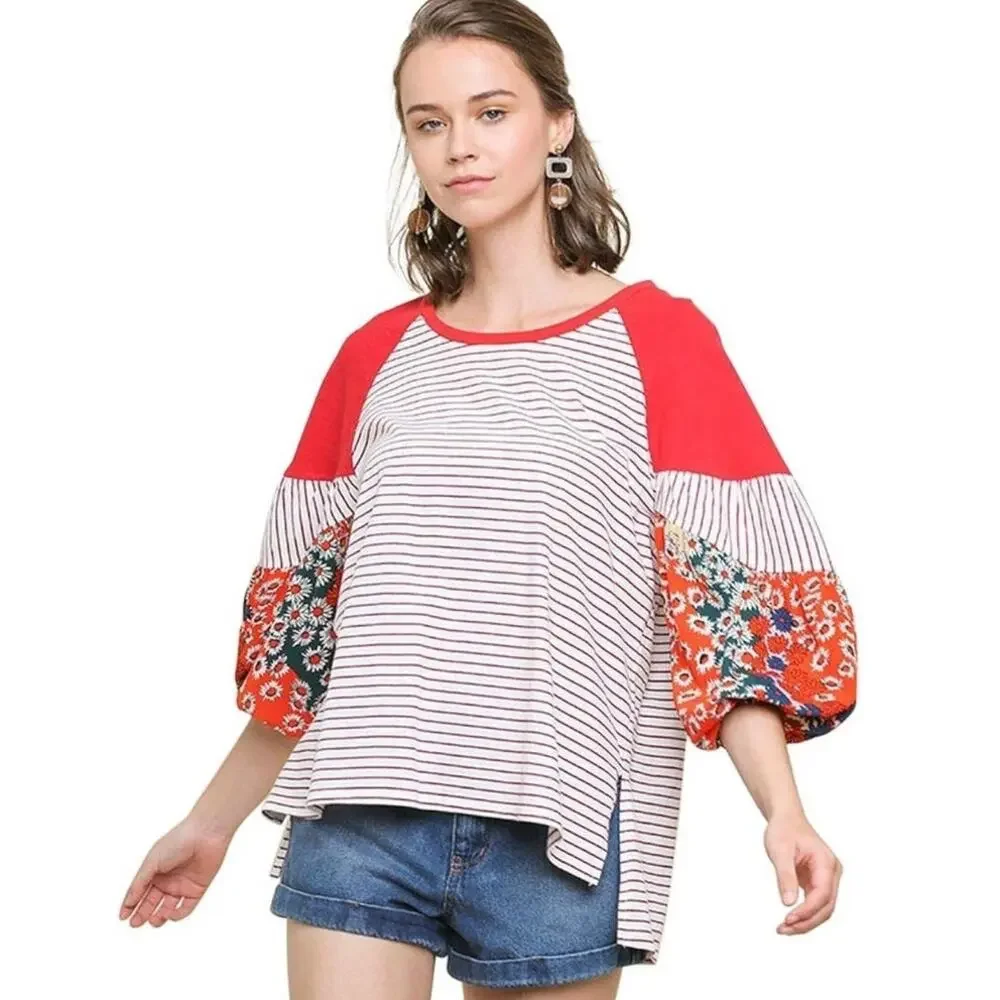 Umgee | Size L Yellow Striped Floral Sleeve Shirt Bubble Sleeve Boho Vintage